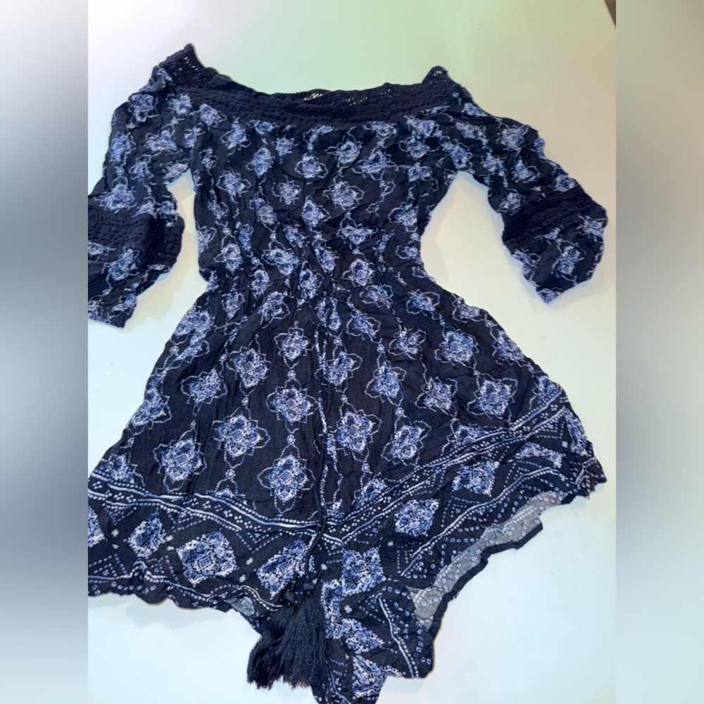Hollister Navy and Light Blue Off the Shoulder Romper